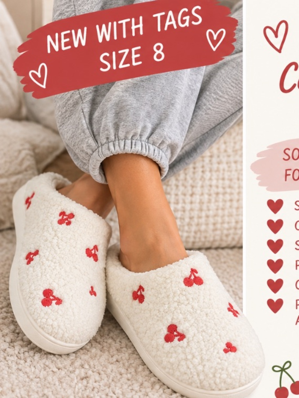aerie Cream Slip-On Cozy Slippers with Red Cherry Accent